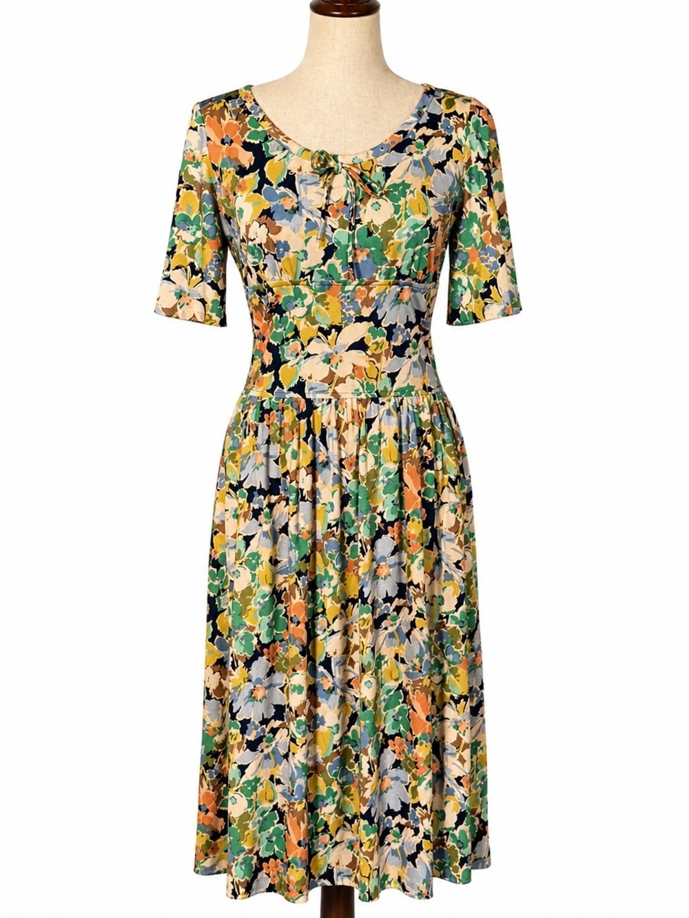 Vintage 70s polyester print midi dress with small bow and defined waist- S-M